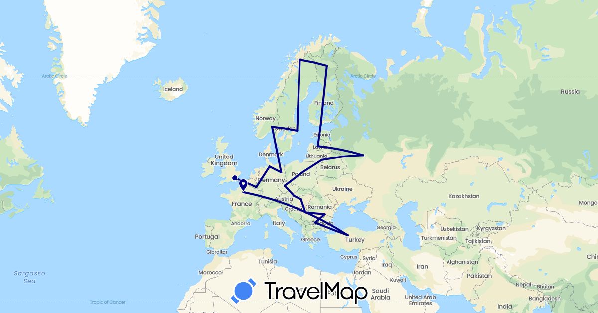 TravelMap itinerary: driving in Bulgaria, Czech Republic, Germany, Estonia, Finland, France, United Kingdom, Hungary, Lithuania, Luxembourg, Latvia, Norway, Romania, Serbia, Russia, Sweden, Slovakia, Turkey (Asia, Europe)
